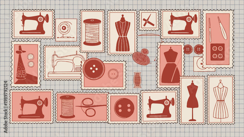 Sewing Stamps Set with Tailoring Tools and Mannequins on Grid Background Vector Illustration