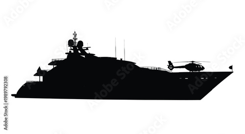 Luxury yacht and helicopter displayed in a stark black silhouette