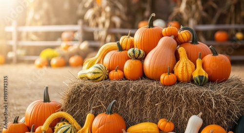 Autumn Harvest Pumpkins and Gourds Displayed on Hay