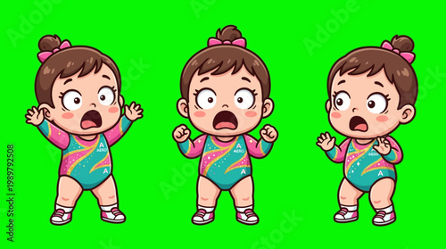 Cartoon Gymnasts in Various Poses on Green Screen