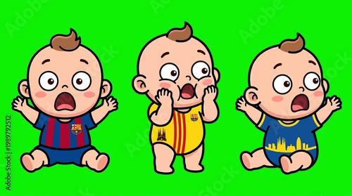 Shocked Baby Trio in Football Kits on Green Screen