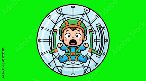 Cartoon Boy Inside a Zorb Ball Against a Green Screen