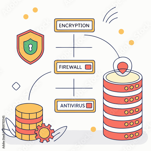 Cyber security concept illustration featuring encryption firewall antivirus processes and secure database storage security encryption firewall antivirus cybersecurity database protection