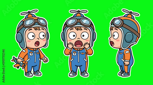 Cartoon Pilot Character in Different Poses Green Screen