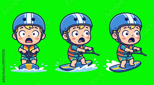 Cartoon Boy Waterskiing in Various Poses