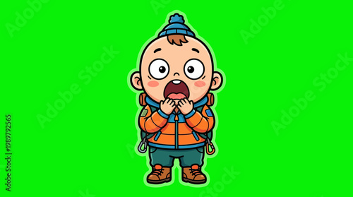 Shocked Baby Character with Winter Gear Against Green Screen