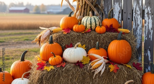 Autumn Harvest Pumpkins Arranged on Hay Bales