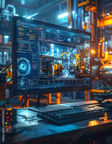 Factory view on screen, overlaid with data, in an industrial setting