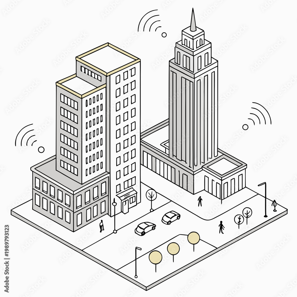 Naklejka premium Smart city isometric concept with connected buildings and people on streets isometric buildings connectivity technology communication infrastructure architecture internet development