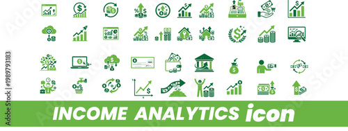 Income analytics icon set, comprehensive collection of symbols illustrating financial growth, investment, and market trends analysis..