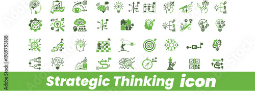Strategic thinking icon set, essential symbols representing innovation, problem-solving, planning, and goal achievement processes.
