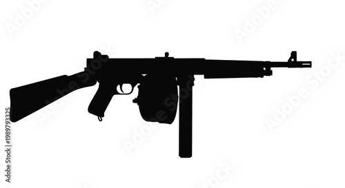 Black firearm with drum magazine displayed as a striking silhouette