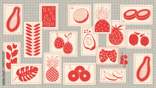 Tropical Fruit and Leaf Illustrations on Postage Stamps in Red and Beige Flat Vector Style