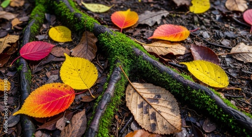 Autumn Leaves and Mossy Branch on Forest Floor
