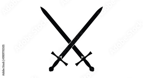 Two crossed swords depicted in a stark black silhouette