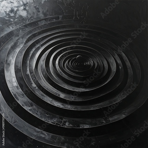 Concentric rings descend into darkness. Dark, textured surface. Monochrome