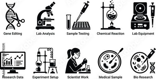 science icons set, laboratory and medical research symbols