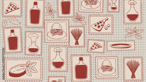 Italian Food Icons Pattern with Pizza Pasta and Olive Oil in Hand-Drawn Sketch Style