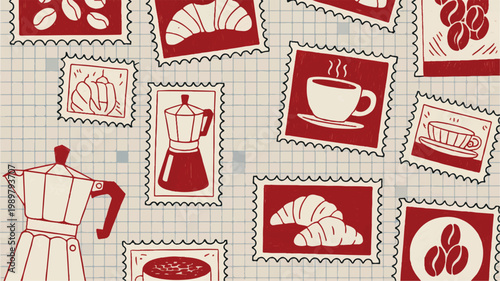 Coffee Themed Postage Stamp Pattern with Moka Pot and Croissants, Vector Illustration
