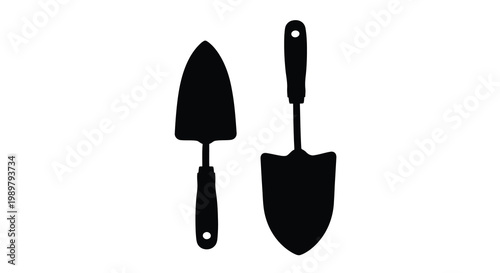 Black silhouettes of two gardening tools against a white background silhouette