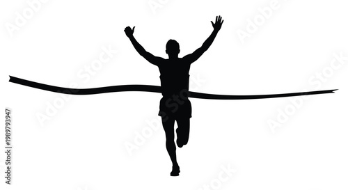 Runner crosses finish line with arms raised in victory silhouette