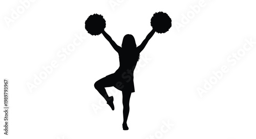 Cheerleader in action pose with raised pom poms black silhouette