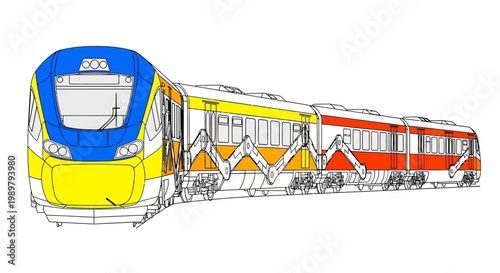 Colorful train with yellow and blue.