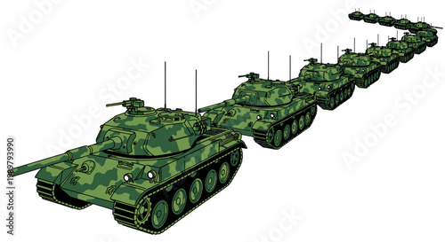 Military tanks in a row formation.