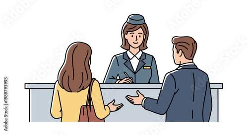 Couple talking to hotel receptionist.