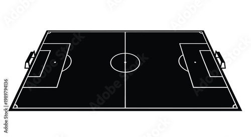 Aerial view of a soccer field with a striking black silhouette