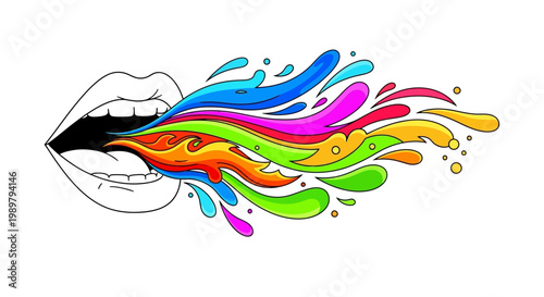 Colorful paint coming out of lips.