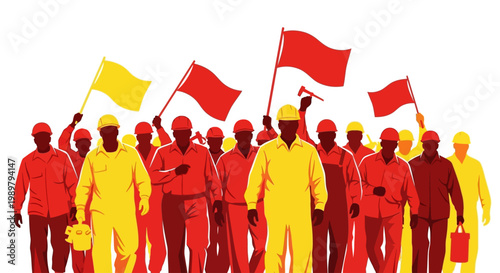 Group of workers with flags standing.