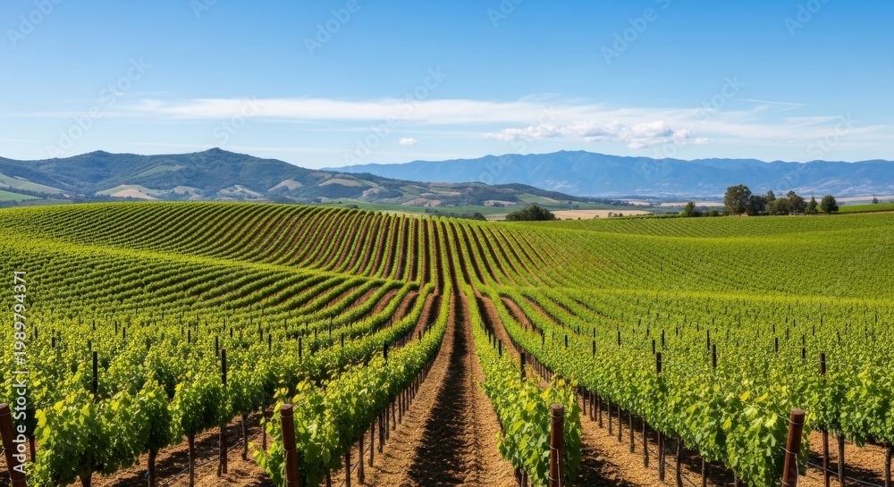 Fototapeta premium Lush Vineyard Rows Stretch Towards Distant Hills Under Blue Sky