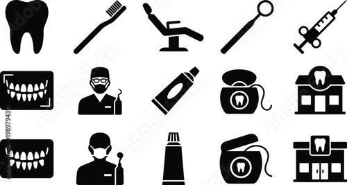 Dental care icons set, tooth, dentist tools, oral hygiene symbols