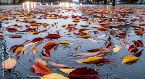 Autumn Leaves Floating in Rain Puddle with City Lights