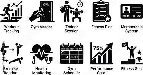 fitness icons set, workout tracking, gym access, trainer session