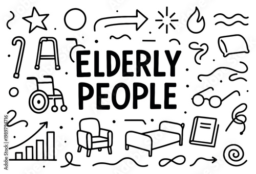 Elderly people icons with wheelchair bed armchair outline