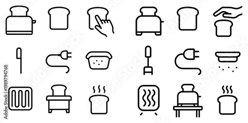 Kitchen icons with toaster and bread minimal outline style