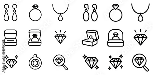 Jewelry icons with ring necklace earring minimal outline