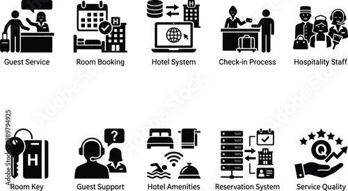 hotel service icons set, hospitality staff, room booking, guest support