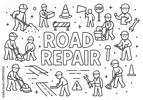 Construction icons with worker cone barrier outline minimal