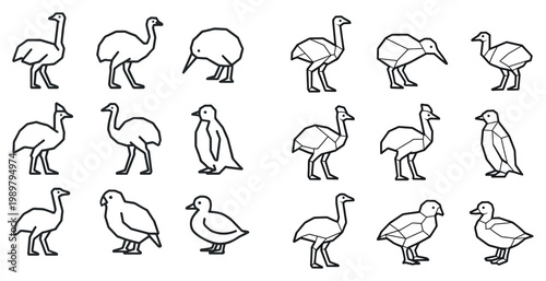 Wildlife icons with ostrich penguin duck minimal outline