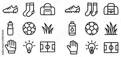 Sports icons with shoe ball water bottle in outline style