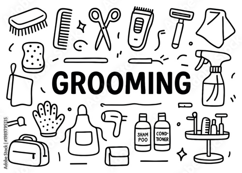 Grooming icons with brush trimmer towel outline doodle