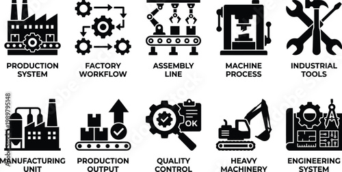 Industrial icons set for manufacturing and engineering