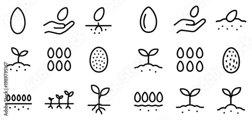 Agriculture icons with seed sprout hand outline minimal