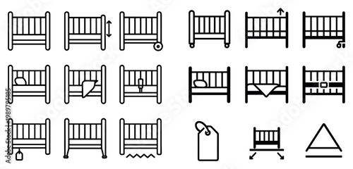 Nursery icons with crib mattress tag simple outline