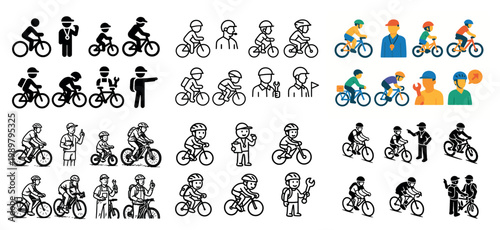 Bicycle icons collection with cyclists and tools