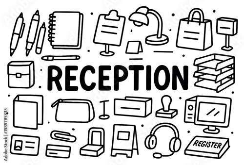 Reception icons with desk clipboard lamp outline doodle