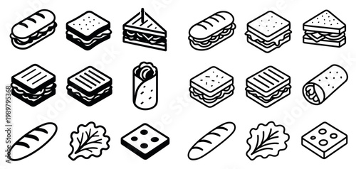 Food icons with sandwich baguette wrap minimal outline style